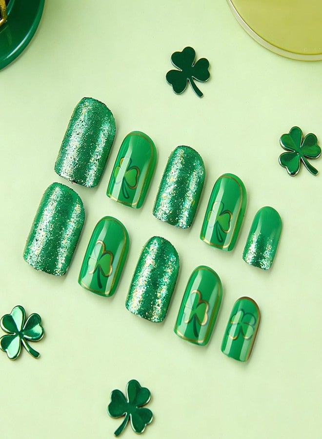 OSTTMA 24Pcs St. Patrick's Day Press on Nails Short Square Fake Nails Green Shamrock False Nail with Glitter Clover Shamrocks Glue on Nail Reusable Acrylic Stick on Nails for Women DIY Manicure - Image 3